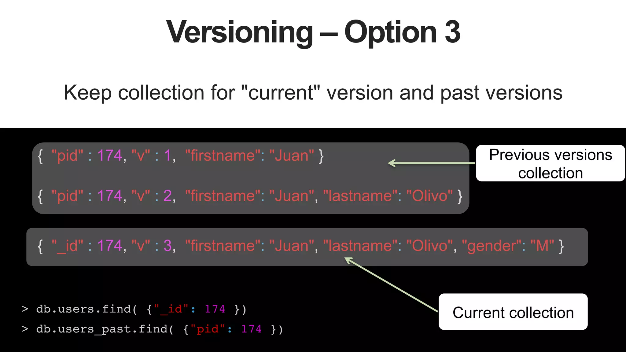 42
Versioning – Option 3
Keep collection for "current" version and past versions
> db.users.find( {"_id": 174 })!
> db.users_past.find( {"pid": 174 })!
{ "pid" : 174, "v" : 1, "firstname": "Juan" }
{ "pid" : 174, "v" : 2, "firstname": "Juan", "lastname": "Olivo" }
{ "_id" : 174, "v" : 3, "firstname": "Juan", "lastname": "Olivo", "gender": "M" }
Previous versions
collection
Current collection
 