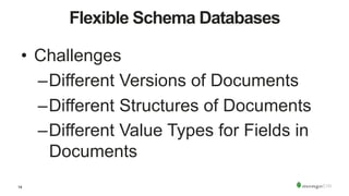 14
Flexible Schema Databases
•  Challenges
– Different Versions of Documents
– Different Structures of Documents
– Different Value Types for Fields in
Documents
 