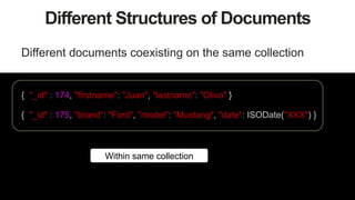 17
Different Structures of Documents
Different documents coexisting on the same collection
{ "_id" : 175, "brand": "Ford", "model": "Mustang", "date": ISODate("XXX") }
{ "_id" : 174, "firstname": "Juan", "lastname": "Olivo" }
Within same collection
 
