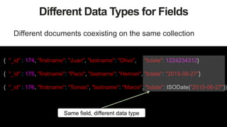 18
Different Data Types for Fields
Different documents coexisting on the same collection
{ "_id" : 174, "firstname": "Juan", "lastname": "Olivo", "bdate": 1224234312}
{ "_id" : 175, "firstname": "Paco", "lastname": "Hernan", "bdate": "2015-06-27"}
{ "_id" : 176, "firstname": "Tomas", "lastname": "Marce", "bdate": ISODate("2015-06-27")}
Same field, different data type
 