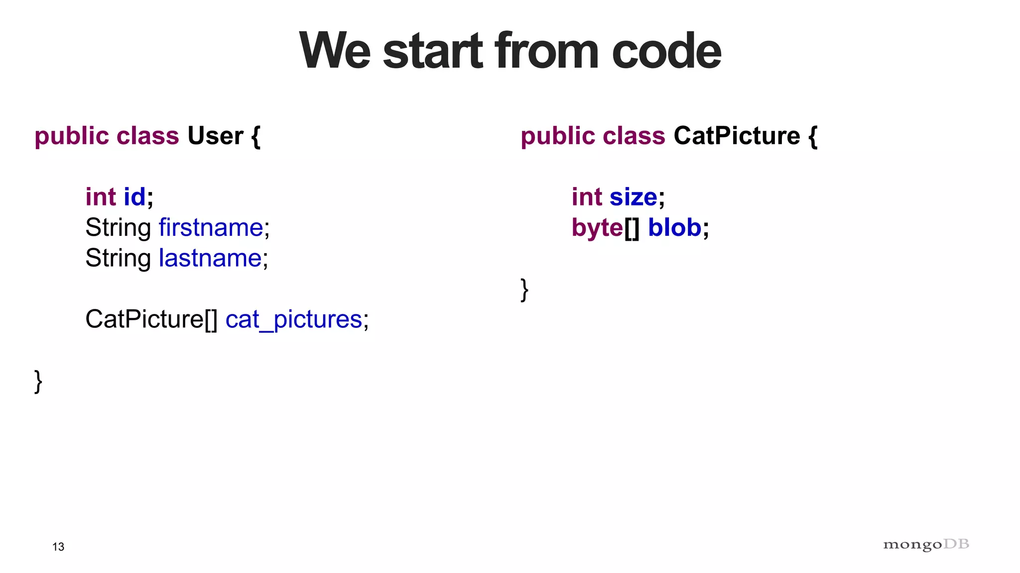 13
We start from code
public class CatPicture {
int size;
byte[] blob;
}
public class User {
int id;
String firstname;
String lastname;
CatPicture[] cat_pictures;
}
 