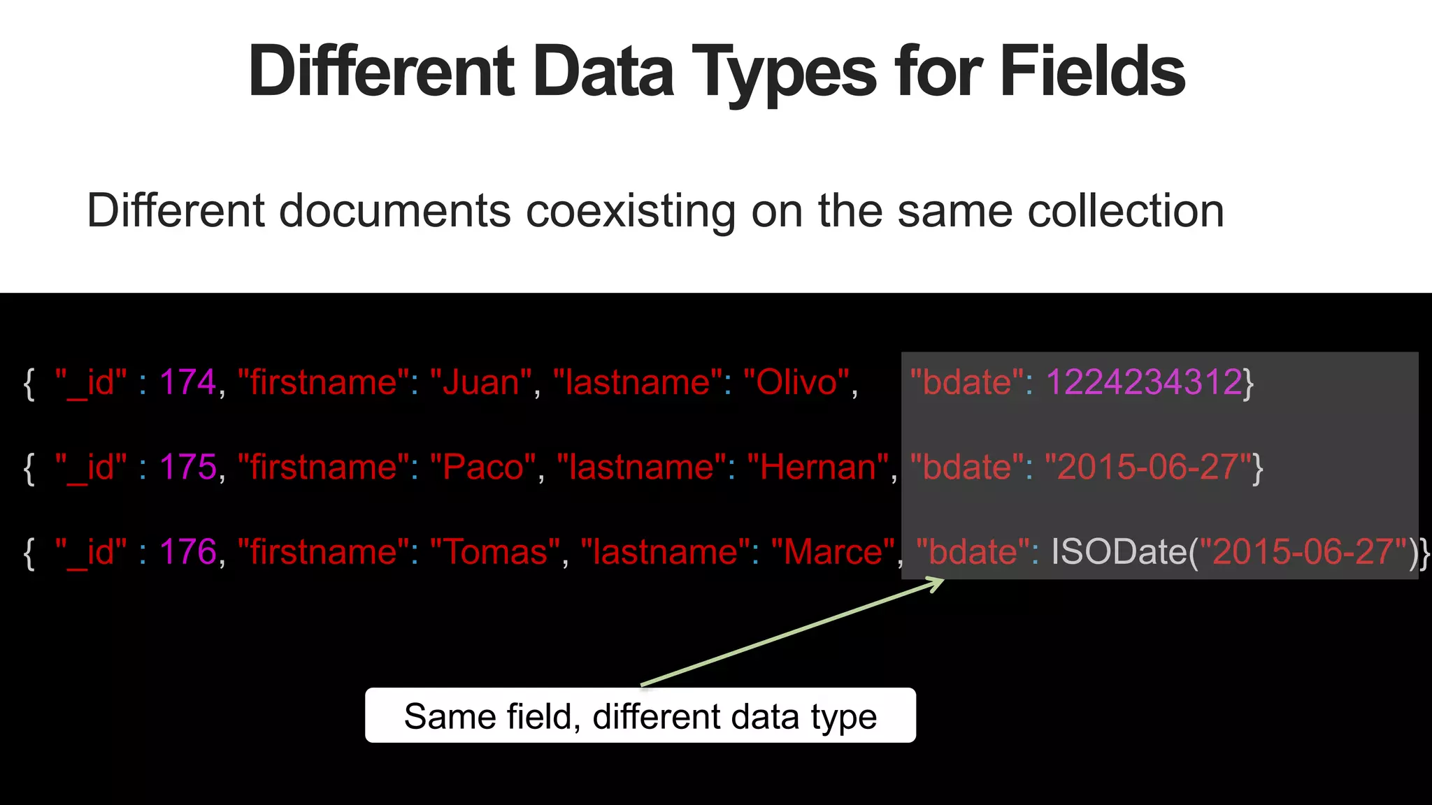 19
Different Data Types for Fields
Different documents coexisting on the same collection
{ "_id" : 174, "firstname": "Juan", "lastname": "Olivo", "bdate": 1224234312}
{ "_id" : 175, "firstname": "Paco", "lastname": "Hernan", "bdate": "2015-06-27"}
{ "_id" : 176, "firstname": "Tomas", "lastname": "Marce", "bdate": ISODate("2015-06-27")}
Same field, different data type
 