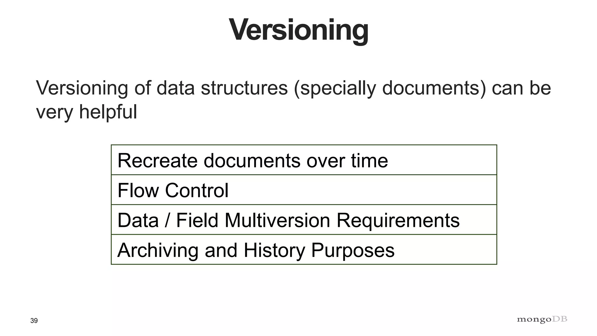 39
Versioning
Versioning of data structures (specially documents) can be
very helpful
Recreate documents over time
Flow Control
Data / Field Multiversion Requirements
Archiving and History Purposes
 
