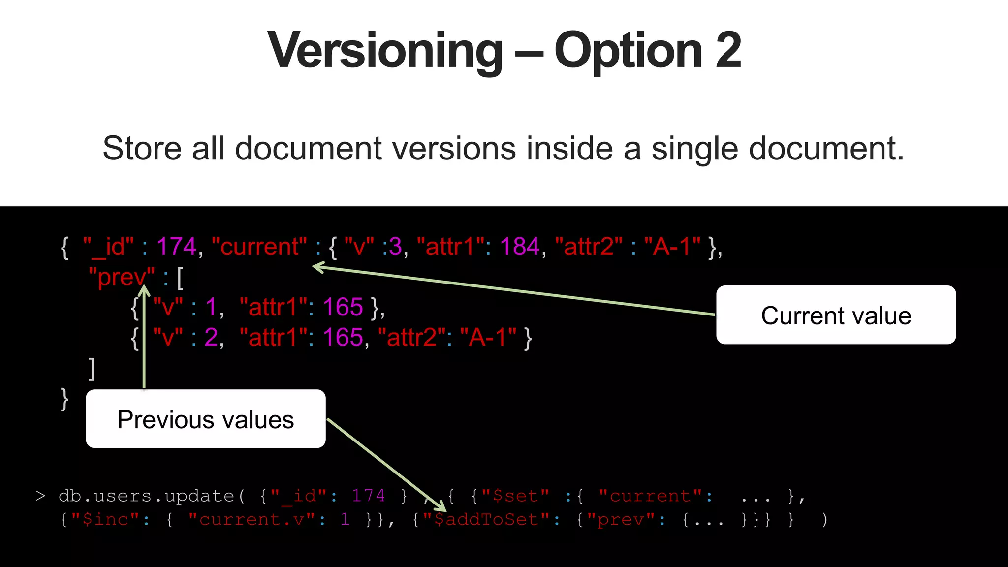 42
Versioning – Option 2
Store all document versions inside a single document.
> db.users.update( {"_id": 174 } , { {"$set" :{ "current": ... },
{"$inc": { "current.v": 1 }}, {"$addToSet": {"prev": {... }}} } )
Current value
{ "_id" : 174, "current" : { "v" :3, "attr1": 184, "attr2" : "A-1" },
"prev" : [
{ "v" : 1, "attr1": 165 },
{ "v" : 2, "attr1": 165, "attr2": "A-1" }
]
}
Previous values
 