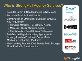 Who is StrongMail Agency Services?Founded in 2010; Headquartered in New York Focus on Email & Social MediaCombination of StrongMail’s Strategy Group & Key Acquisitions Conversa Marketing – Social CRM Agency Magnetik – Digital Marketing AgencyPopularMedia – Social Sharing TechnologiesFull-Service Digital Marketing Agency with Industry-Leading Email and Social Media Marketing Technology PlatformsHelp Leading Fortune 2000 Brands Build Stronger, More Profitable Relationships