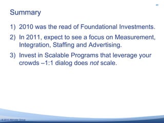 2011 top spending by Company MaturitySource: Survey of Corporate Social Strategists, Altimeter Group, November 2010We asked 140 Corporate Social Strategists their budget for 12 social business programs in 2010, and projected increases/decreases in 2011 to calculate top spending by Company Maturity in 2011:
