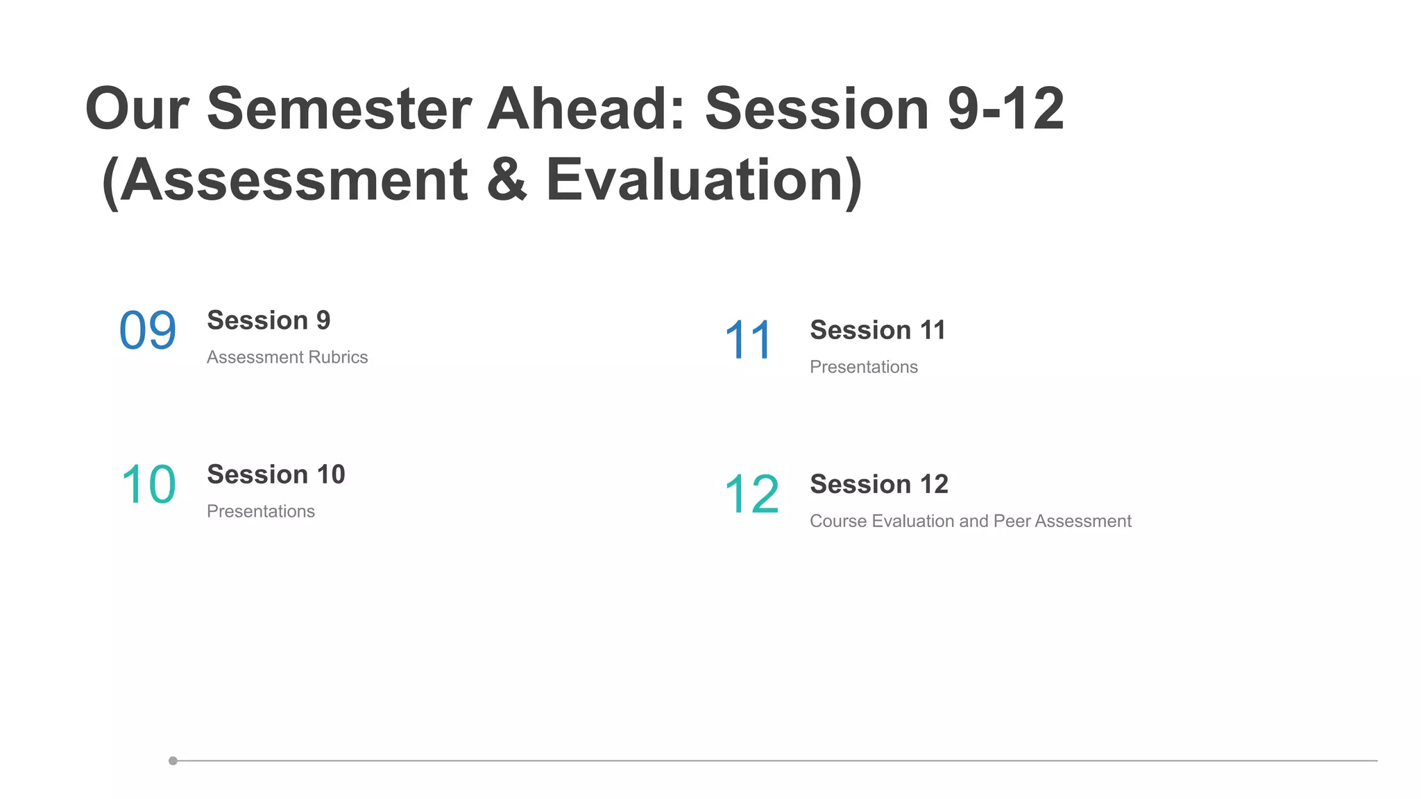 Our Semester Ahead: Session 9-12
(Assessment & Evaluation)
Assessment Rubrics
Session 9
09
Presentations
Session 10
10
Presentations
Session 11
11
Course Evaluation and Peer Assessment
Session 12
12
 