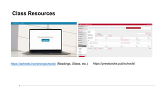 Class Resources
https://tarheels.live/strongschools/ (Readings, Slides, etc.) https://pressbooks.pub/schools/
 