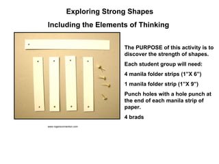 Exploring Strong Shapes Including the Elements of Thinking The PURPOSE of this activity is to discover the strength of shapes. Each student group will need: 4 manila folder strips (1”X 6”) 1 manila folder strip (1”X 9”) Punch holes with a hole punch at the end of each manila strip of paper.  4 brads www.rogersconnection.com 