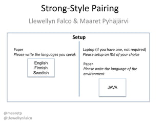 @maaretp
@LlewellynFalco
Strong-Style Pairing
Llewellyn Falco & Maaret Pyhäjärvi
Setup
Paper
Please write the languages you speak
English
Finnish
Swedish
Laptop (if you have one, not required)
Please setup an IDE of your choice
Paper
Please write the language of the
environment
JAVA
 