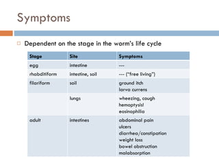 Symptoms Dependent on the stage in the worm’s life cycle Stage Site Symptoms egg intestine --- rhabditiform intestine, soil --- (“free living”) filariform soil ground itch larva currens lungs wheezing, cough hemoptysis! eosinophilia adult intestines abdominal pain ulcers diarrhea/constipation weight loss bowel obstruction malabsorption 
