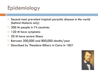 Epidemiology Second most prevalent tropical parasitic disease in the world (behind Malaria only) 200 M people in 74 countries 120 M have symptoms 20 M have severe illness Between 200,000 and 800,000 deaths/year Described by Theodore Bilharz in Cairo in 1851 