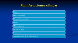 Manifestaciones clínicas
Diarrea
Dolor abdominal
Distensión abdominal
Fiebre
Malestar general
Pérdida de peso
Esteatorrea
Sangrado oculto  en algunos casos
 