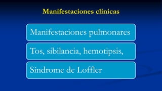 Manifestaciones clínicas
Manifestaciones pulmonares
Tos, sibilancia, hemotipsis,
Síndrome de Loffler
 