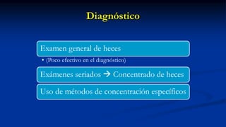 Diagnóstico
Examen general de heces
• (Poco efectivo en el diagnóstico)
Exámenes seriados  Concentrado de heces
Uso de métodos de concentración específicos
 