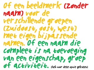 Of een beeldmerk (zonder
naam) voor de
verschillende groepen
(zuidoost, oost, west)
met eigen bijpassende
namen. Of een naam die
compleet is na toevoeging
van een eigenschap, groep
of activiteit.
             (heb voor deze optie gekozen)
 