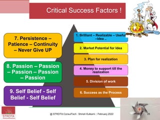 1. Brilliant – Realizable – Useful
–idea ..
2. Market Potential for Idea
3. Plan for realization
4. Money to support till the
realization
5. Division of work
6. Success as the Process
@ STROTA ConsulTech : Shirish Kulkarni :: February 2022
Critical Success Factors !
9. Self Belief - Self
Belief - Self Belief
8. Passion – Passion
– Passion – Passion
– Passion
7. Persistence –
Patience – Continuity
– Never Give UP
25
 