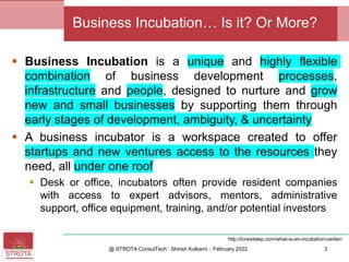 ▪ Business Incubation is a unique and highly flexible
combination of business development processes,
infrastructure and people, designed to nurture and grow
new and small businesses by supporting them through
early stages of development, ambiguity, & uncertainty
▪ A business incubator is a workspace created to offer
startups and new ventures access to the resources they
need, all under one roof
▪ Desk or office, incubators often provide resident companies
with access to expert advisors, mentors, administrative
support, office equipment, training, and/or potential investors
@ STROTA ConsulTech : Shirish Kulkarni :: February 2022
Business Incubation… Is it? Or More?
http://icnextstep.com/what-is-an-incubation-center/
3
 