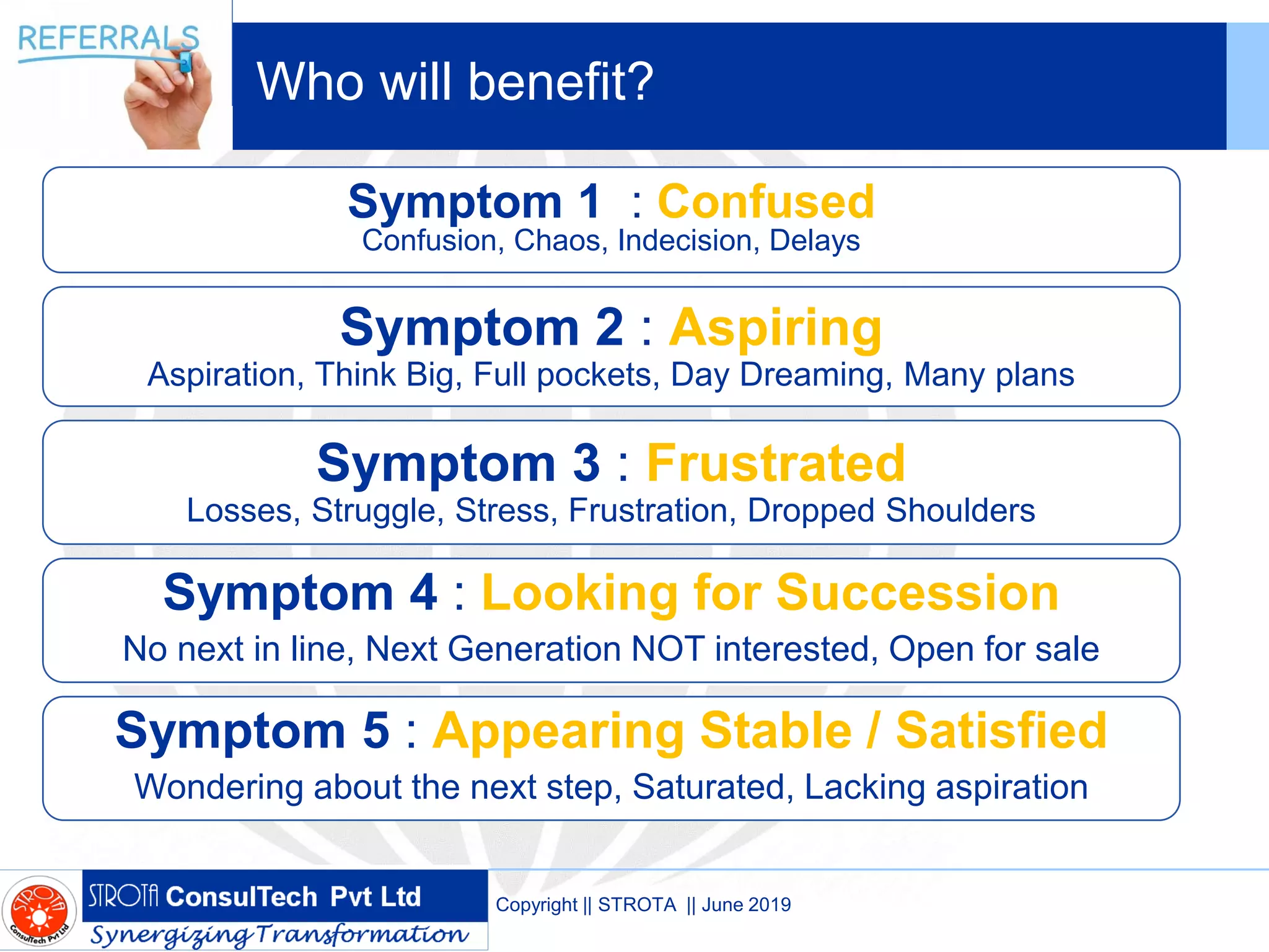Copyright || STROTA || June 2019
Who will benefit?
Symptom 1 : Confused
Confusion, Chaos, Indecision, Delays
Symptom 2 : Aspiring
Aspiration, Think Big, Full pockets, Day Dreaming, Many plans
Symptom 3 : Frustrated
Losses, Struggle, Stress, Frustration, Dropped Shoulders
Symptom 4 : Looking for Succession
No next in line, Next Generation NOT interested, Open for sale
Symptom 5 : Appearing Stable / Satisfied
Wondering about the next step, Saturated, Lacking aspiration
 