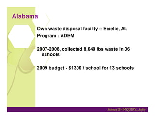 Alabama
      Own waste disposal facility – Emelie, AL
      Program - ADEM

      2007-2008, collected 8,640 lbs waste in 36
        schools

      2009 budget - $1300 / school for 13 schools
 