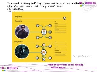 Transmedia Storytelling: cómo motivar a tus audiencias 
Plataformas: nave nodriza y satélites 
@JoseAbellan 
18 
Carl os S...