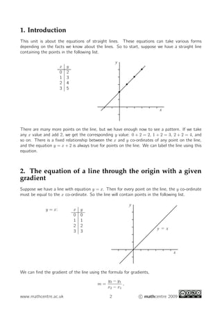 1. Introduction
This unit is about the equations of straight lines. These equations can take various forms
depending on the facts we know about the lines. So to start, suppose we have a straight line
containing the points in the following list.

                                                    y
                      x   y
                      0   2
                      1   3
                      2   4
                      3   5



                                                                           x



There are many more points on the line, but we have enough now to see a pattern. If we take
any x value and add 2, we get the corresponding y value: 0 + 2 = 2, 1 + 2 = 3, 2 + 2 = 4, and
so on. There is a ﬁxed relationship between the x and y co-ordinates of any point on the line,
and the equation y = x + 2 is always true for points on the line. We can label the line using this
equation.



2. The equation of a line through the origin with a given
gradient
Suppose we have a line with equation y = x. Then for every point on the line, the y co-ordinate
must be equal to the x co-ordinate. So the line will contain points in the following list.

                                                           y
             y = x:           x   y
                              0   0
                              1   1
                              2   2
                                                                          y = x
                              3   3



                                                                                  x



We can ﬁnd the gradient of the line using the formula for gradients,
                                               y2 − y1
                                         m=            ,
                                               x2 − x1

www.mathcentre.ac.uk                            2               c mathcentre 2009
 