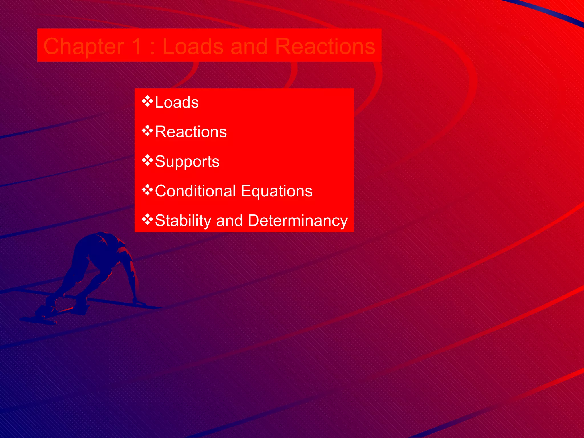 Loads Reactions Supports Conditional Equations Stability and Determinancy Chapter 1 : Loads and Reactions 