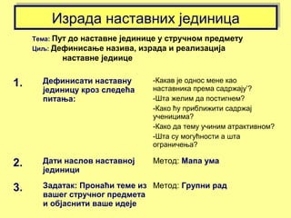 Израда наставних јединицаИзрада наставних јединица
Тема: Пут до наставне јединице у стручном предмету
Циљ: Дефинисање назива, израда и реализација
наставне једиице
1. Дефинисати наставну
јединицу кроз следећа
питања:
-Какав је однос мене као
наставника према садржају’?
-Шта желим да постигнем?
-Како ћу приближити садржај
ученицима?
-Како да тему учиним атрактивном?
-Шта су могућности а шта
ограничења?
2. Дати наслов наставној
јединици
Метод: Мапа ума
3. Задатак: Пронаћи теме из
вашег стручног предмета
и објаснити ваше идеје
Метод: Групни рад
 