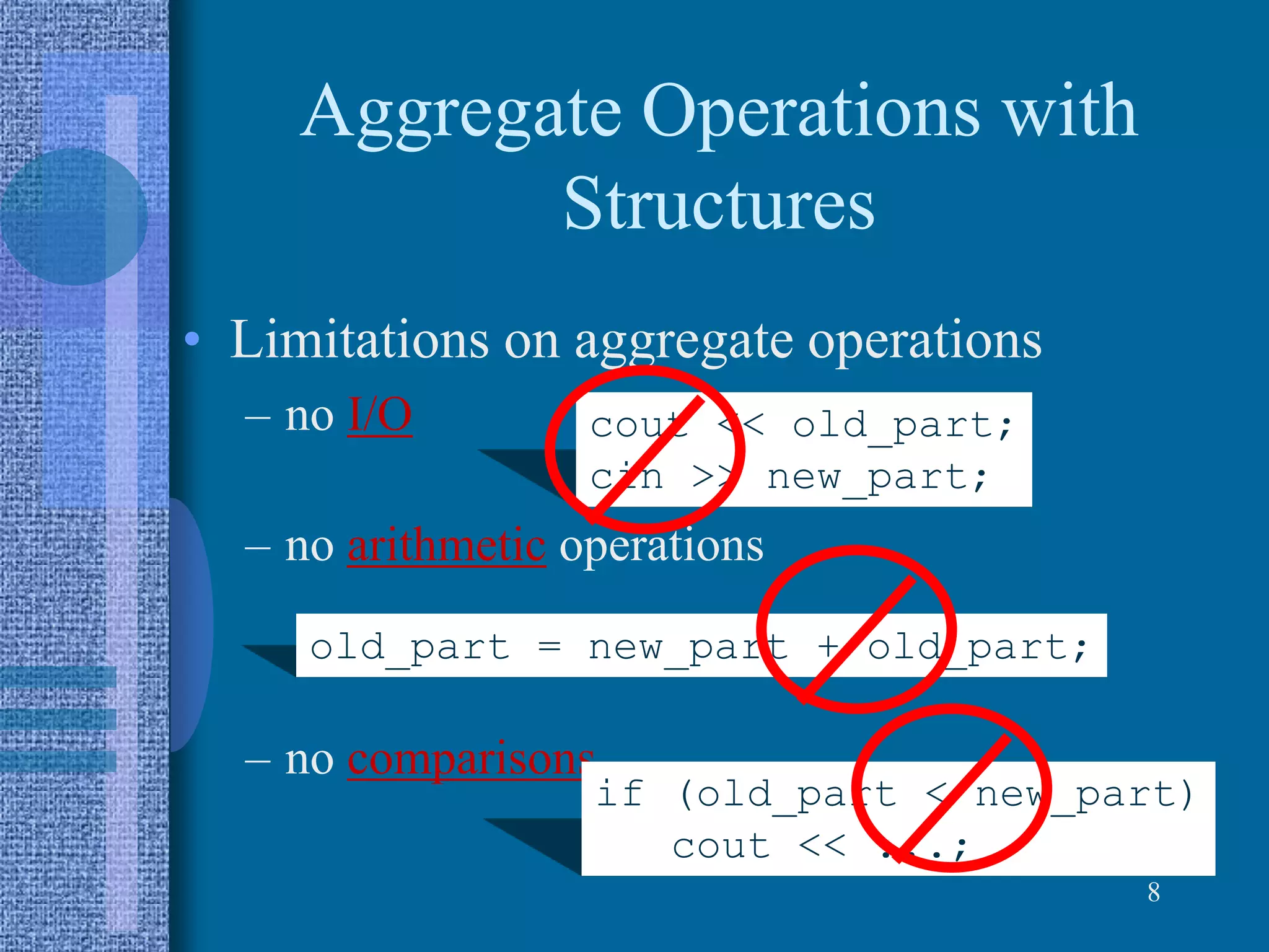 Aggregate Operations with
Structures
• Limitations on aggregate operations
– no I/O
– no arithmetic operations
– no comparisons
8
cout << old_part;
cin >> new_part;
old_part = new_part + old_part;
if (old_part < new_part)
cout << ...;
 