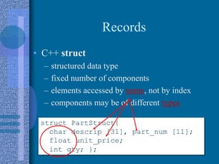 Records
• C++ struct
– structured data type
– fixed number of components
– elements accessed by name, not by index
– components may be of different types
4
struct PartStruct{
char descrip [31], part_num [11];
float unit_price;
int qty; };
 