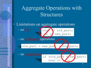 Aggregate Operations with
Structures
• Limitations on aggregate operations
– no I/O
– no arithmetic operations
– no comparisons
8
cout << old_part;
cin >> new_part;
old_part = new_part + old_part;
if (old_part < new_part)
cout << ...;
 