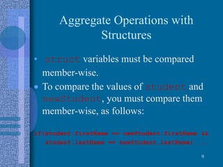 Aggregate Operations with
Structures
• struct variables must be compared
member-wise.
 To compare the values of student and
newStudent, you must compare them
member-wise, as follows:
if(student.firstName == newStudent.firstName &&
student.lastName == newStudent.lastName) ...
9
 