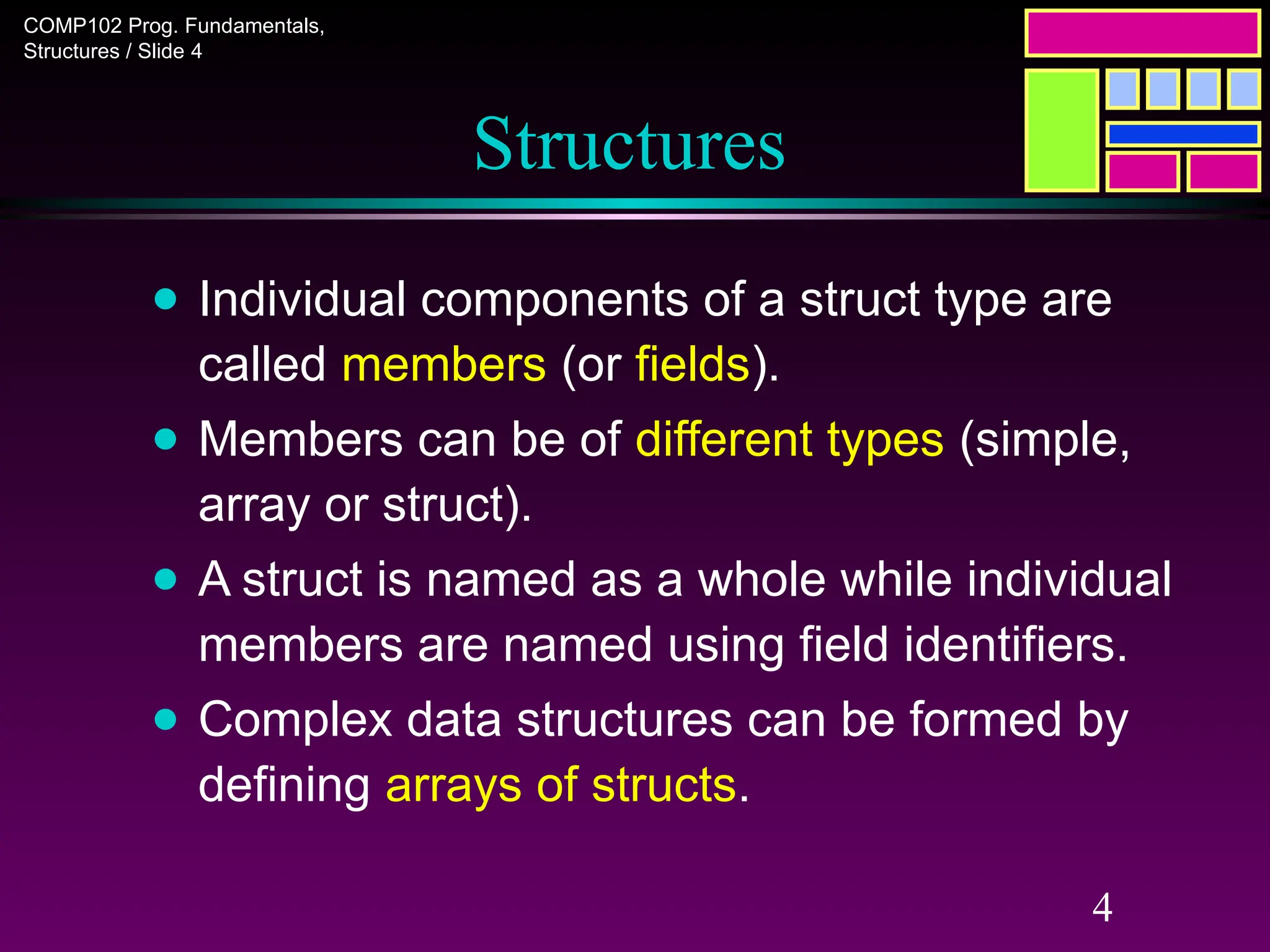COMP102 Prog. Fundamentals,
Structures / Slide 4
4
Structures
● Individual components of a struct type are
called members (or fields).
● Members can be of different types (simple,
array or struct).
● A struct is named as a whole while individual
members are named using field identifiers.
● Complex data structures can be formed by
defining arrays of structs.
 