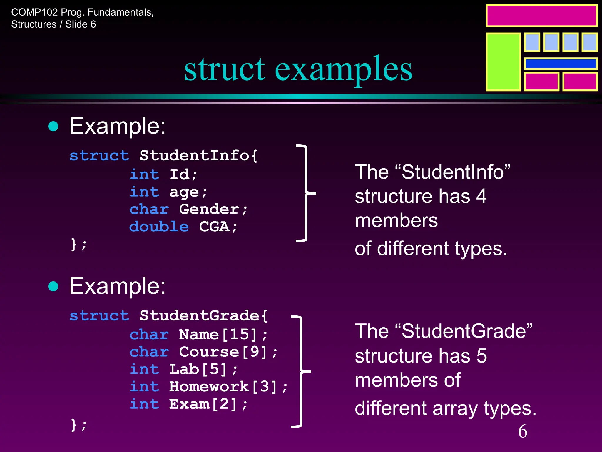COMP102 Prog. Fundamentals,
Structures / Slide 6
6
struct examples
● Example:
struct StudentInfo{
int Id;
int age;
char Gender;
double CGA;
};
● Example:
struct StudentGrade{
char Name[15];
char Course[9];
int Lab[5];
int Homework[3];
int Exam[2];
};
The “StudentGrade”
structure has 5
members of
different array types.
The “StudentInfo”
structure has 4
members
of different types.
 