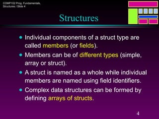 COMP102 Prog. Fundamentals,
Structures / Slide 4
4
Structures
● Individual components of a struct type are
called members (or fields).
● Members can be of different types (simple,
array or struct).
● A struct is named as a whole while individual
members are named using field identifiers.
● Complex data structures can be formed by
defining arrays of structs.
 