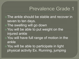 The ankle should be stable and recover in
seven to ten days.
The swelling will go down
You will be able to put weight on the
injured ankle
You will have full range of motion in the
ankle
You will be able to participate in light
physical activity Ex. Running, jumping
 