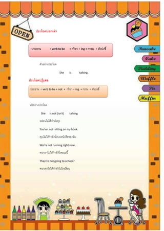 ประโยคบอกเล่า
ประธาน + verb to be + กริยา + ing + กรรม + ตัวบ่งชี้
ตัวอย่างประโยค
She is talking.
ประโยคปฏิเสธ
ประธาน + verb to be + not + กริยา + ing + กรรม + ตัวบ่งชี้
ตัวอย่างประโยค
She is not (isn't) talking
หล่อนไม่ได้กาลังคุย
You‘re not sitting on my book.
คุณไม่ได้กาลังนั่งบนหนังสือของฉัน
We‘re not running right now.
พวกเราไม่ได้กาลังวิ่งขณะนี้
They‘re not going to school?
พวกเขาไม่ได้กาลังไปโรงเรียน
 