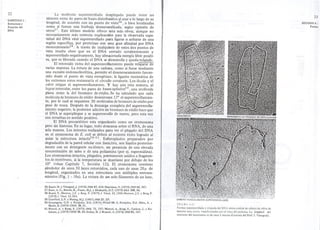 22 
CAPITULO I : 
Estructura y 
Función del 
DNA 
La molécula superenroIlada desplegada puede tener un 
número extra de pares de bases distribllJiidosal azar a lo largo de su 
longitud, de acuerdo con un punto de:vista26, o bien localizadas 
como si fueran una burbuja desnaturalizada, según opinión de 
otros27. Este último modelo ofrece una más obvia, aunque no 
necesariamente más correcta explicacoon para la observada capa-cidad 
del DNA viral superenroIlado p¡mraligarse o. soltarse de una 
. región específica, por proteínas con mna gran afinidad por DNA 
monocatenari028. A través de cualquiiera de estos dos puntos de 
vista resulta claro que en el DNA <cerrado covalentemente y 
superenrollado negativamente, hay almacenada energía libre positi-va, 
que es liberada cuando el DNA se desenrolla y queda relajado. 
El retorcido extra del superenroIDI.amientopuede relajarse de 
varias maneras. La rotura de una cadellila,como si fuese mediante 
una escisión endonucIeolítica, permite el desenroscamiento favore-cido 
desde el punto de vista energético; la ligazón enzimática de 
los extremos rotos restauraría el círcUilo covalente. Los álcalis y el 
calor relajan el, superenrollamiento. Y hay aún otra manera, al 
lograr intercalar, entre los pares de bases apilados2 9, una molécula 
plana como la del bromuro de etidio- Se ha calculado que cada 
molécula de bromuro de etidio desenroSlCa 120 el superenrollamien-to, 
por lo cual se requieren 30 molécuillasde bromuro de etidio por 
paso de rosca. Después de la descarga 'completa del superenrolla-Íniento 
negativo, la posterior adición debromuro de etidio hace que 
el DNA se superpliegue y se superenmille de nuevo, pero esta vez 
con revueltas en sentido positivo. 
El DNA procariótico esta organÍillado como un cromosoma 
pero sin histonas. En su lugar, todo desrcansa sobre el RNA, de una 
sola manera. Los intentos realizados para ver el plegado del DNA 
en el cromosoma de E. coZ¡ se deben: ,al reciente éxito logrado al 
aislar la estructura intacta3 0-31. Est"eroplastos preparados por 
degradación de la pared celular con lisozíma, son lisados posterior-mente 
con un detergente no iónico, en presencia de una elevada 
concentración de sales O dé una poliarnina (por ej. espermidina). 
Los cromosomas intactos, plegados, permanecen unidos a fragmen-tos 
de membrana, si la temperatura se mantiene por debajo de los 
100 (véase Capítulo 7, Sección 12.). El cromosoma contiene 
alrededor de unos 50 lazos retorcidos, cada uno de unas 20.u de 
longitud, organizados en una estructIura con múltiples enrosca-miento 
s (Fig. 1 - 18a). La rotura de U!J1so1lo filamento de un lazo, 
23 
SECCION 6 : 
Forma 
26. Bauer, W.y Vinograd,J. (1970) JMB 47, 419: ilIavidson, N. (1972) JMB 66, 307. 
27.Kato, A. C., Bartok, K., Fraser, M.J. y Denharde;. D.T. (1973) BBA 308,68. 
28.Beard, P., Morrow, J.F. y Berg, P. (1973) J. vr11'ol,12, 1303; Morrow,j.F. y Berg, P. 
(1973) J, Virol. 12,653. 
29.Crawford, L.V. y Waring,M,J. (1967) JMB 25, :!3. 
30.Stonington, G.o. y Pettijohn, O,E. (1971) PNAS 68, 6, Pettijohn, D.E. Miles, E. y 
Hecht, R. (1973) CSHS, 38,31. . 
3l.Worcel, A. y Burgi, E. (1972) JMB, 71, 127: Worcel,A., Burgi,E., Carlson, L.y Ro-binton, 
J. (1973) CSHS 38, 43: Delius, H. y Wom:el,A, (1974) JMB 82,107. 
DIMERO PARCIALMENTE SUPERENROLlADO 
FIGURA 1-17 
Formas superenrollada y relajada del ONA mitocondrial de células de riiión de 
hamster muy joven, transformadas por el virus del polioma. La lomgitud del 
oontorno del monómera es de unas 5 micras (Cortesía del Praf. J. Vinograd). 
f 
 