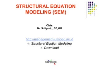 STRUCTURAL EQUATION
MODELING (SEM)
Oleh:
Dr. Suliyanto, SE,MM
http://management-unsoed.ac.id
 Structural Eqution Modeling
 Download
 