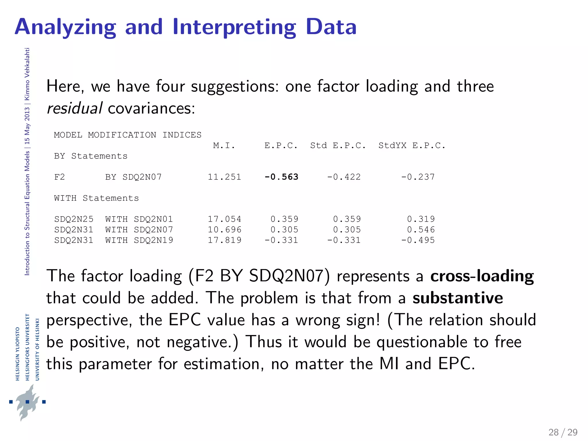 IntroductiontoStructuralEquationModels|15May2013|KimmoVehkalahti
Analyzing and Interpreting Data
Here, we have four suggestions: one factor loading and three
residual covariances:
MODEL MODIFICATION INDICES
M.I. E.P.C. Std E.P.C. StdYX E.P.C.
BY Statements
F2 BY SDQ2N07 11.251 -0.563 -0.422 -0.237
WITH Statements
SDQ2N25 WITH SDQ2N01 17.054 0.359 0.359 0.319
SDQ2N31 WITH SDQ2N07 10.696 0.305 0.305 0.546
SDQ2N31 WITH SDQ2N19 17.819 -0.331 -0.331 -0.495
The factor loading (F2 BY SDQ2N07) represents a cross-loading
that could be added. The problem is that from a substantive
perspective, the EPC value has a wrong sign! (The relation should
be positive, not negative.) Thus it would be questionable to free
this parameter for estimation, no matter the MI and EPC.
28 / 29
 