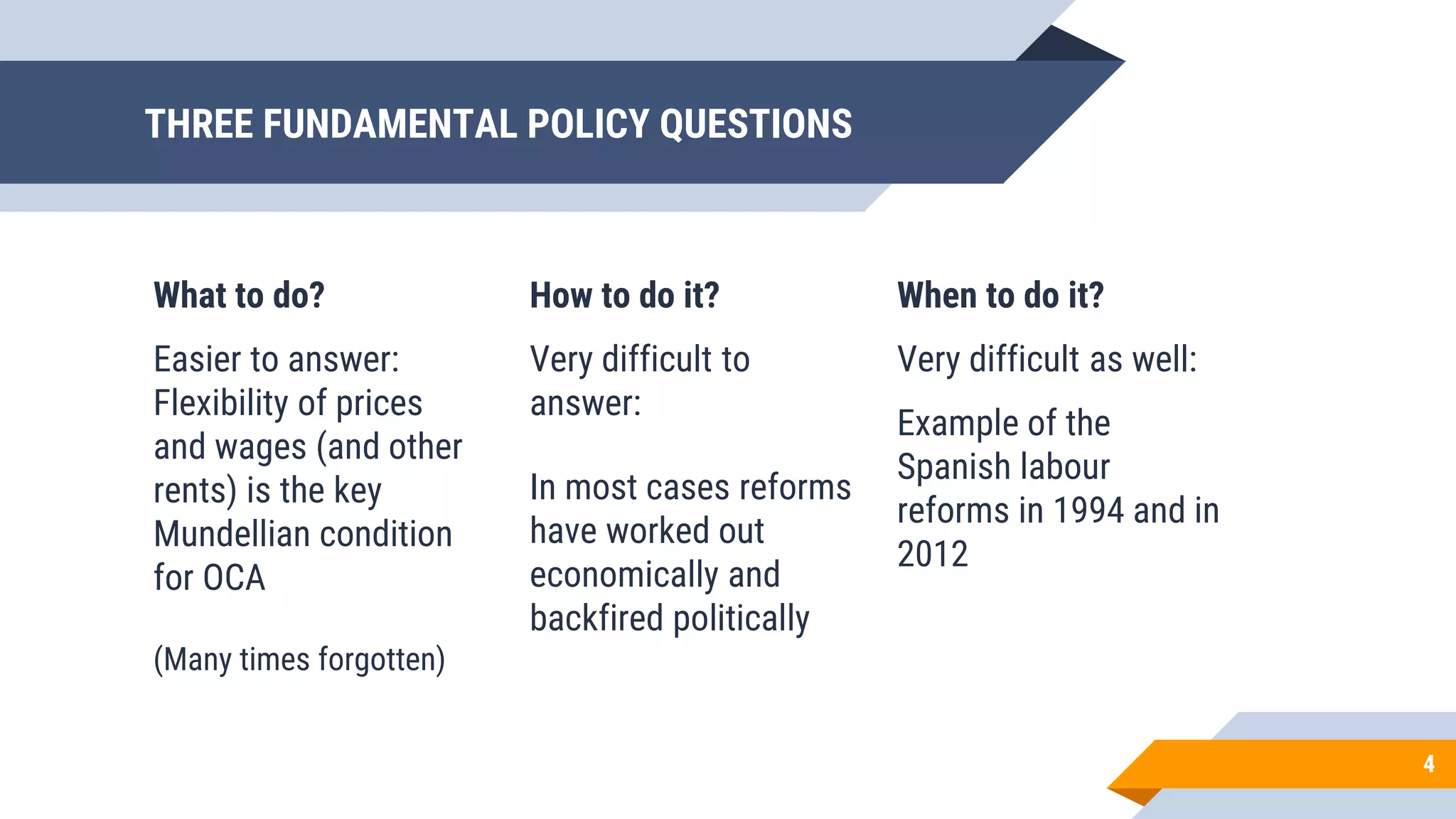 THREE FUNDAMENTAL POLICY QUESTIONS
What to do?
Easier to answer:
Flexibility of prices
and wages (and other
rents) is the key
Mundellian condition
for OCA
(Many times forgotten)
How to do it?
Very difficult to
answer:
In most cases reforms
have worked out
economically and
backfired politically
When to do it?
Very difficult as well:
Example of the
Spanish labour
reforms in 1994 and in
2012
4
 