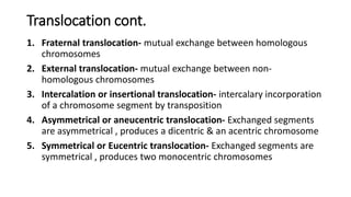 Translocation cont.
1. Fraternal translocation- mutual exchange between homologous
chromosomes
2. External translocation- mutual exchange between non-
homologous chromosomes
3. Intercalation or insertional translocation- intercalary incorporation
of a chromosome segment by transposition
4. Asymmetrical or aneucentric translocation- Exchanged segments
are asymmetrical , produces a dicentric & an acentric chromosome
5. Symmetrical or Eucentric translocation- Exchanged segments are
symmetrical , produces two monocentric chromosomes
 
