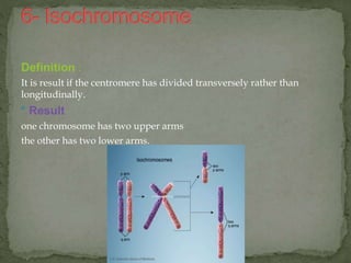 Definition :
It is result if the centromere has divided transversely rather than
longitudinally.
* Result
one chromosome has two upper arms
the other has two lower arms.
 