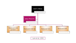 HEAT STRESS
Reduced milk
protein
Reduced milk fat Reduced SCC
MILK PROD’N
Reduced SNF
Lam et al., 2010
 