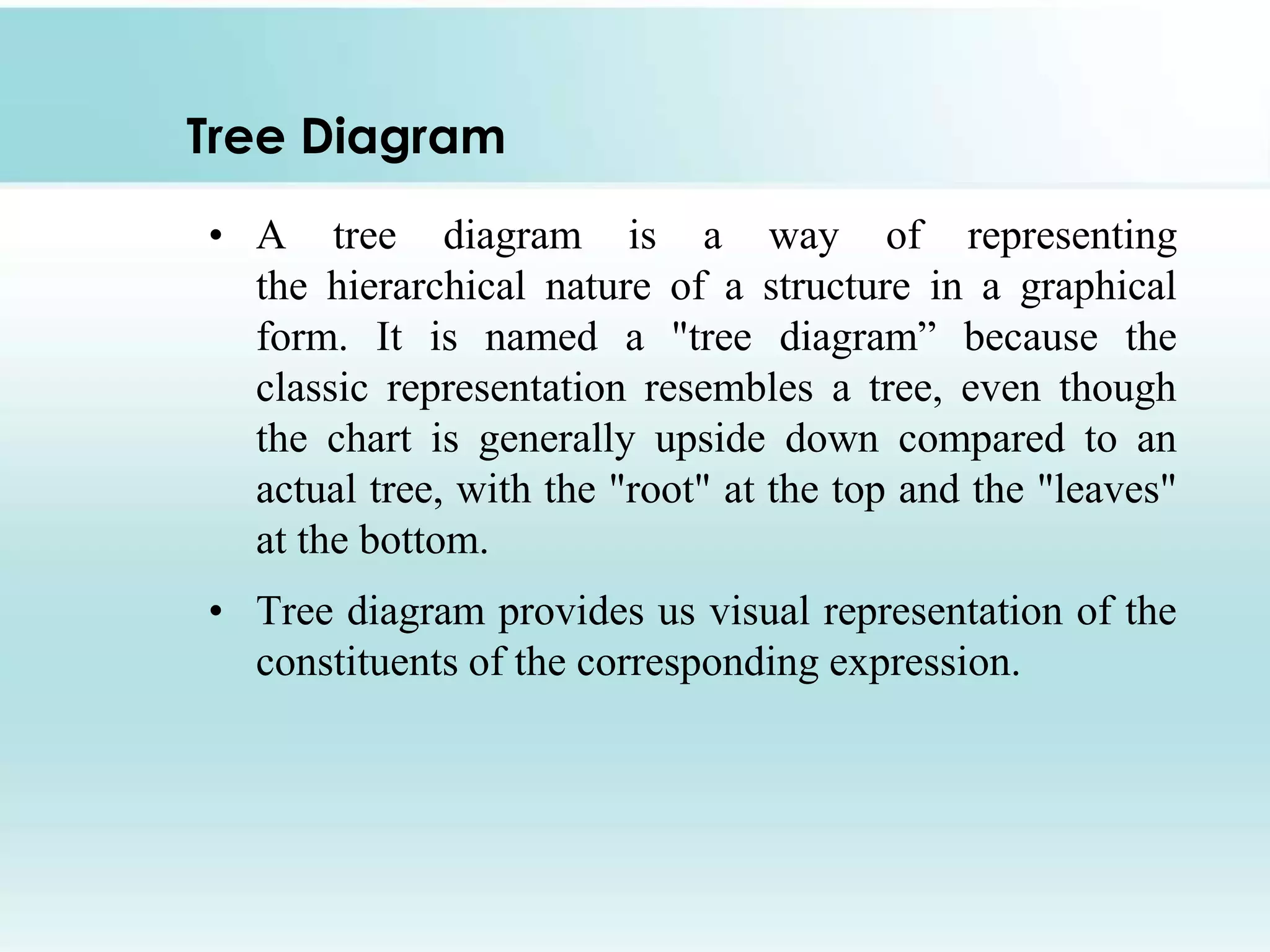 Tree Diagram
• A tree diagram is a way of representing
the hierarchical nature of a structure in a graphical
form. It is named a "tree diagram” because the
classic representation resembles a tree, even though
the chart is generally upside down compared to an
actual tree, with the "root" at the top and the "leaves"
at the bottom.
• Tree diagram provides us visual representation of the
constituents of the corresponding expression.
 