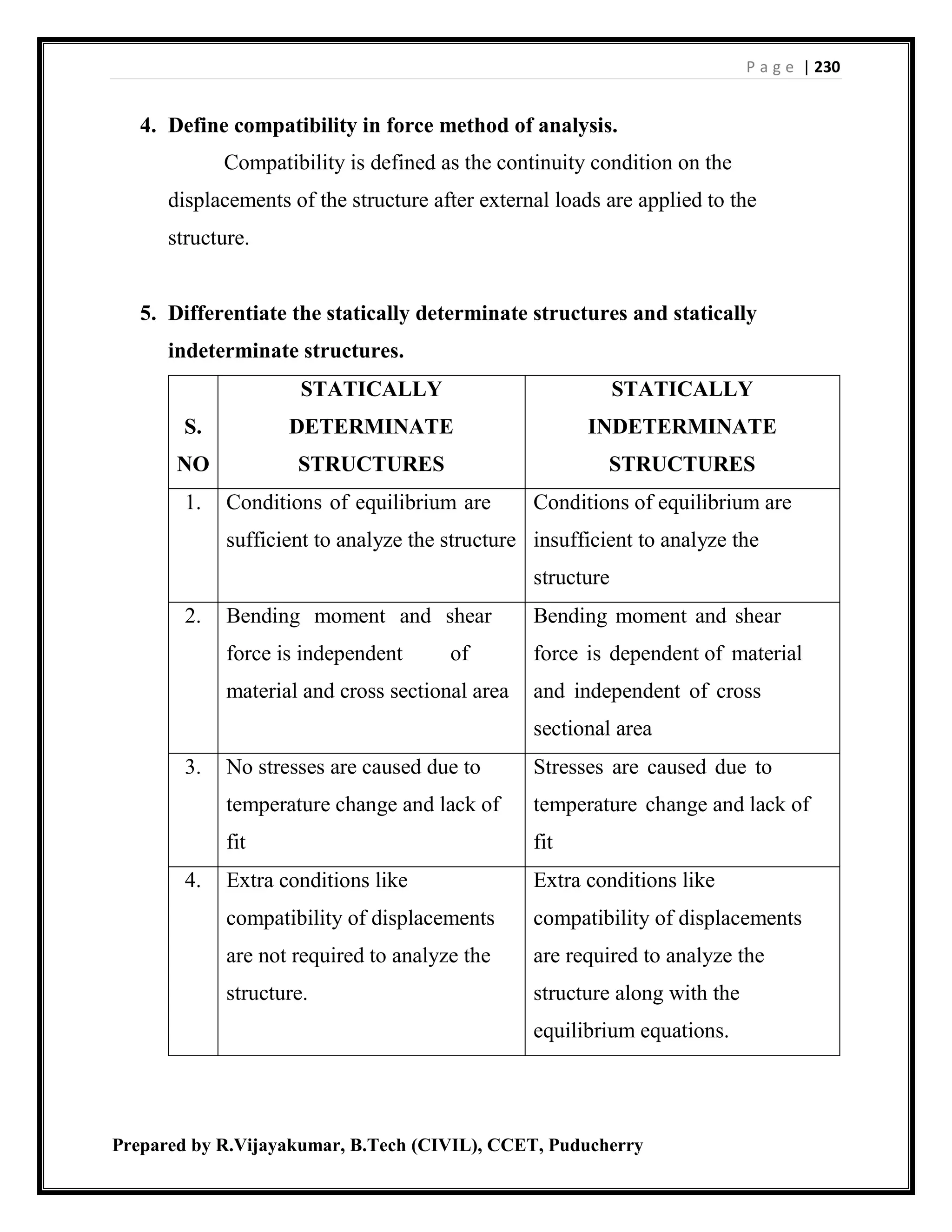 P a g e | 230
Prepared by R.Vijayakumar, B.Tech (CIVIL), CCET, Puducherry
4. Define compatibility in force method of analysis.
Compatibility is defined as the continuity condition on the
displacements of the structure after external loads are applied to the
structure.
5. Differentiate the statically determinate structures and statically
indeterminate structures.
S.
NO
STATICALLY
DETERMINATE
STRUCTURES
STATICALLY
INDETERMINATE
STRUCTURES
1. Conditions of equilibrium are
sufficient to analyze the structure
Conditions of equilibrium are
insufficient to analyze the
structure
2. Bending moment and shear
force is independent of
material and cross sectional area
Bending moment and shear
force is dependent of material
and independent of cross
sectional area
3. No stresses are caused due to
temperature change and lack of
fit
Stresses are caused due to
temperature change and lack of
fit
4. Extra conditions like
compatibility of displacements
are not required to analyze the
structure.
Extra conditions like
compatibility of displacements
are required to analyze the
structure along with the
equilibrium equations.
 