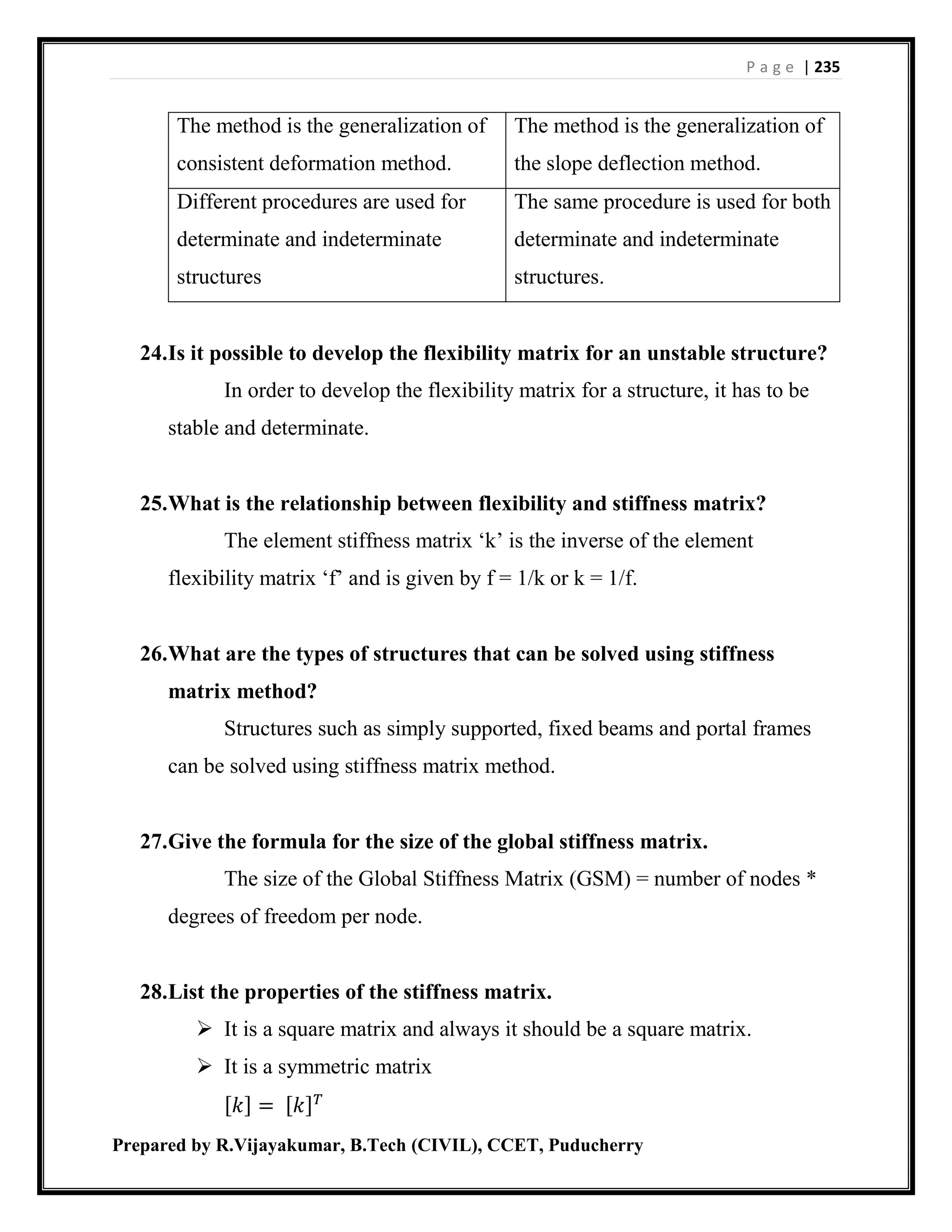 P a g e | 235
Prepared by R.Vijayakumar, B.Tech (CIVIL), CCET, Puducherry
The method is the generalization of
consistent deformation method.
The method is the generalization of
the slope deflection method.
Different procedures are used for
determinate and indeterminate
structures
The same procedure is used for both
determinate and indeterminate
structures.
24.Is it possible to develop the flexibility matrix for an unstable structure?
In order to develop the flexibility matrix for a structure, it has to be
stable and determinate.
25.What is the relationship between flexibility and stiffness matrix?
The element stiffness matrix ‘k’ is the inverse of the element
flexibility matrix ‘f’ and is given by f = 1/k or k = 1/f.
26.What are the types of structures that can be solved using stiffness
matrix method?
Structures such as simply supported, fixed beams and portal frames
can be solved using stiffness matrix method.
27.Give the formula for the size of the global stiffness matrix.
The size of the Global Stiffness Matrix (GSM) = number of nodes *
degrees of freedom per node.
28.List the properties of the stiffness matrix.
 It is a square matrix and always it should be a square matrix.
 It is a symmetric matrix
[𝑘] = [𝑘] 𝑇
 