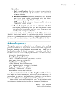 Preface	 ix
Videos offer:
■   FullyworkedSolutions—Showingeverystepofrepresentative
homework problems, to help students make vital connections
between concepts.
■   
Self-paced Instruction—Students can navigate each problem
and select, play, rewind, fast-forward, stop, and jump-
to-sections within each problem’s solution.
■   
24/7 Access—Help whenever students need it with over
20 hours of helpful review.
❍    
STRAN—A program you can use to solve two and three
dimensional trusses and beams, and two dimensional frames.
Instructions for downloading and how to use the program are
available on the Companion Website.
An access code for the Structural Analysis, Ninth Edition Companion
Website is included with this text.To redeem the code and gain access to the
site, go to www.pearsonhighered.com/hibbeler and follow the directions on
the access code card.Access can also be purchased directly from the site.
Acknowledgments
Through the years, over one hundred of my colleagues in the teaching
profession and many of my students have made valuable suggestions
that have helped in the development of this book, and I would like to
hereby acknowledge all of their comments. I personally would like to
thank the reviewers contracted by my editor for this new edition, namely:
Delong Zuo, Texas Tech University
Husam Najm, Rutgers University
Tomasz Arciszewski, University of Colorado—Boulder
Brian Swartz, University of Hartford
Vicki May, Dartmouth College
Thomas Boothby, Penn State University
Leroy Hulsey, University of Alaska—Fairbanks
Reagan Herman, University of Houston
Des Penny, Southern Utah University
Ahmet Pamuk, Flordia State University
Also, the constructive comments from Kai Beng Yap, and Barry Nolan,
both practicing engineers are greatly appreciated. Finally, I would like to
acknowledge the support I received from my wife Conny, who has always
been very helpful in preparing the manuscript for publication.
I would greatly appreciate hearing from you if at any time you have
any comments or suggestions regarding the contents of this edition.
Russell Charles Hibbeler
hibbeler@bellsouth.net
 