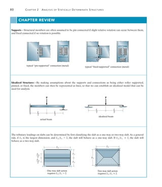 80	 Chapter 2  Analysis of Statically Determinate Structures
2
Chapter Review
Supports—Structural members are often assumed to be pin connected if slight relative rotation can occur between them,
and fixed connected if no rotation is possible.
Idealized Structures—By making assumptions about the supports and connections as being either roller supported,
pinned, or fixed, the members can then be represented as lines, so that we can establish an idealized model that can be
used for analysis.
The tributary loadings on slabs can be determined by first classifying the slab as a one-way or two-way slab. As a general
rule, if L2 is the largest dimension, and L2L1 7 2, the slab will behave as a one-way slab. If L2L1 … 2, the slab will
behave as a two-way slab.
L1
L1
L2
L1
___
2
L1
___
2
One-way slab action
requires L2/L1  2.
L2
L1
Two-way slab action
requires L2/L1  2.
typical “pin-supported” connection (metal)
typical “fixed-supported” connection (metal)
L
––
2
L
––
2
P
actual beam
L
––
2
L
––
2
P
idealized beam
 