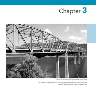 Chapter 3
The forces in the members of this bridge can be analyzed using either the
method of joints or the method of sections.
© Jeff Greenberg/AGE Fotostock/SuperStock 
 